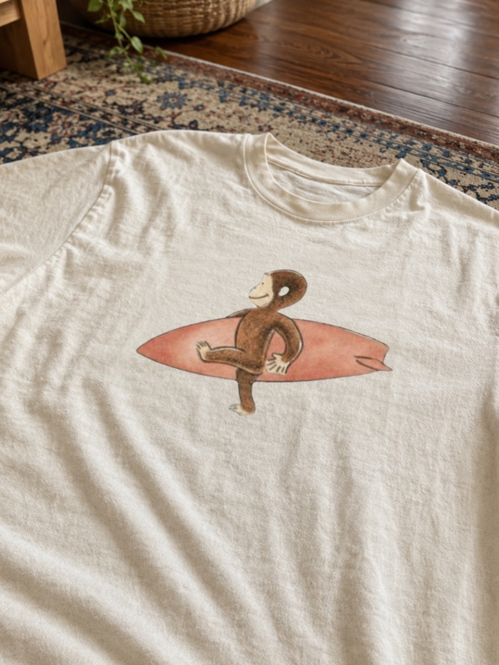 Off-White Short Sleeve Tee with Brown Monkey and Coral Surfboard Graphic